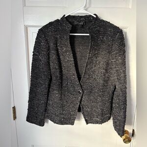 St. John Tweed Knit Boucle Single Button Blazer Jacket Black Gray, Size 12